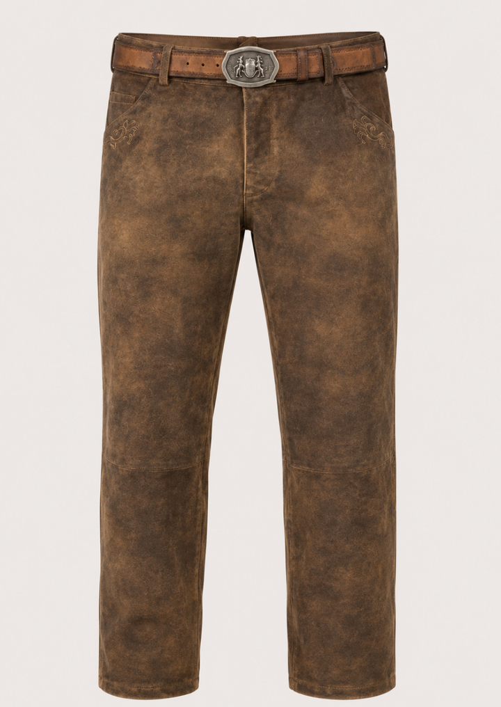 Traditional Bavarian Lederhosen long leather pants for men with authentic Alpine styling