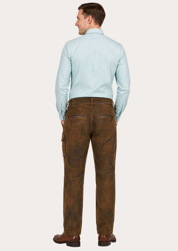 Classic Bavarian suede leather pants for men with elegant traditional craftsmanship