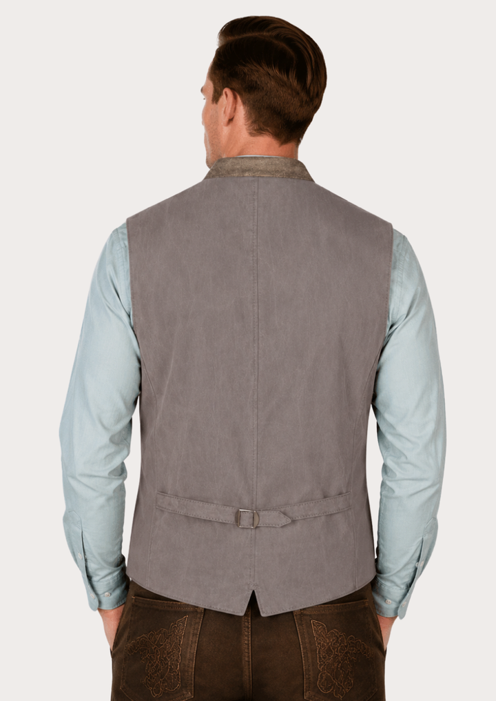 Authentic Alpine-style suede leather vest featuring traditional craftsmanship and comfort