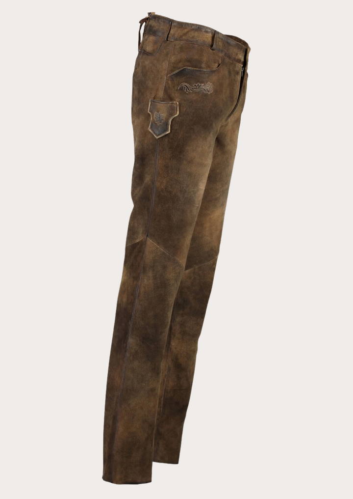 Premium rustic suede leather pants crafted in traditional Bavarian Trachten style