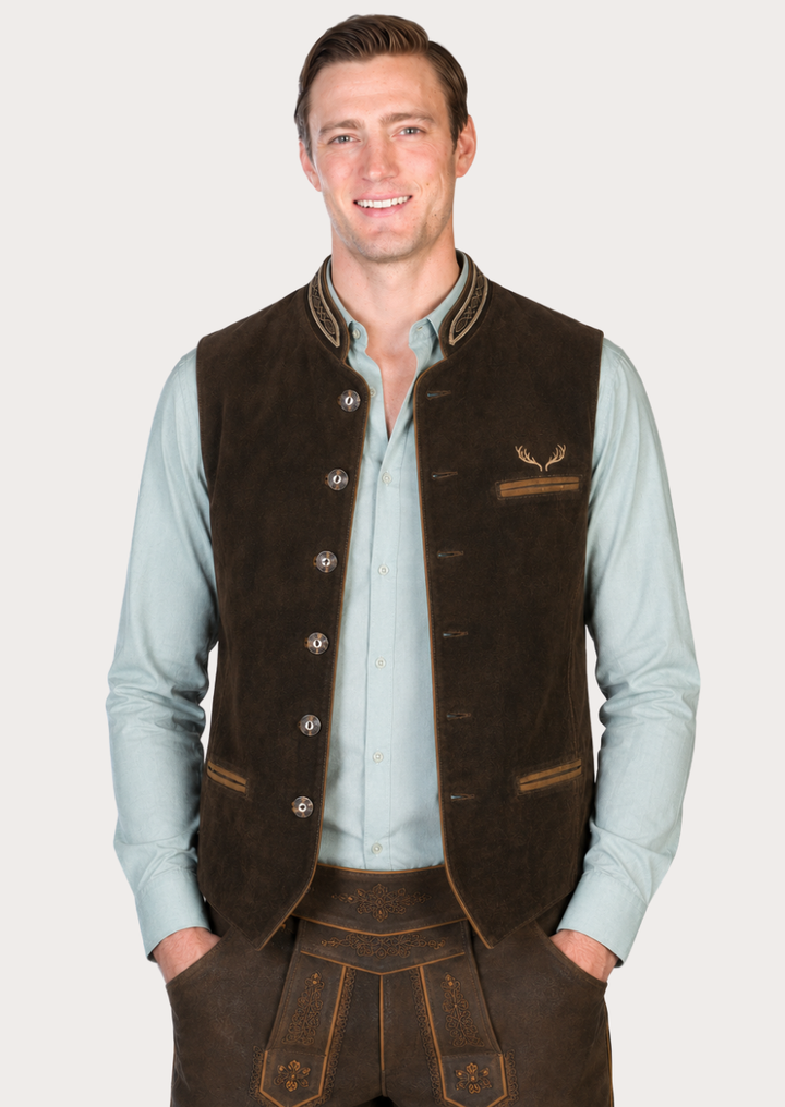 Traditional Bavarian suede leather vest showcasing embroidered deer motifs