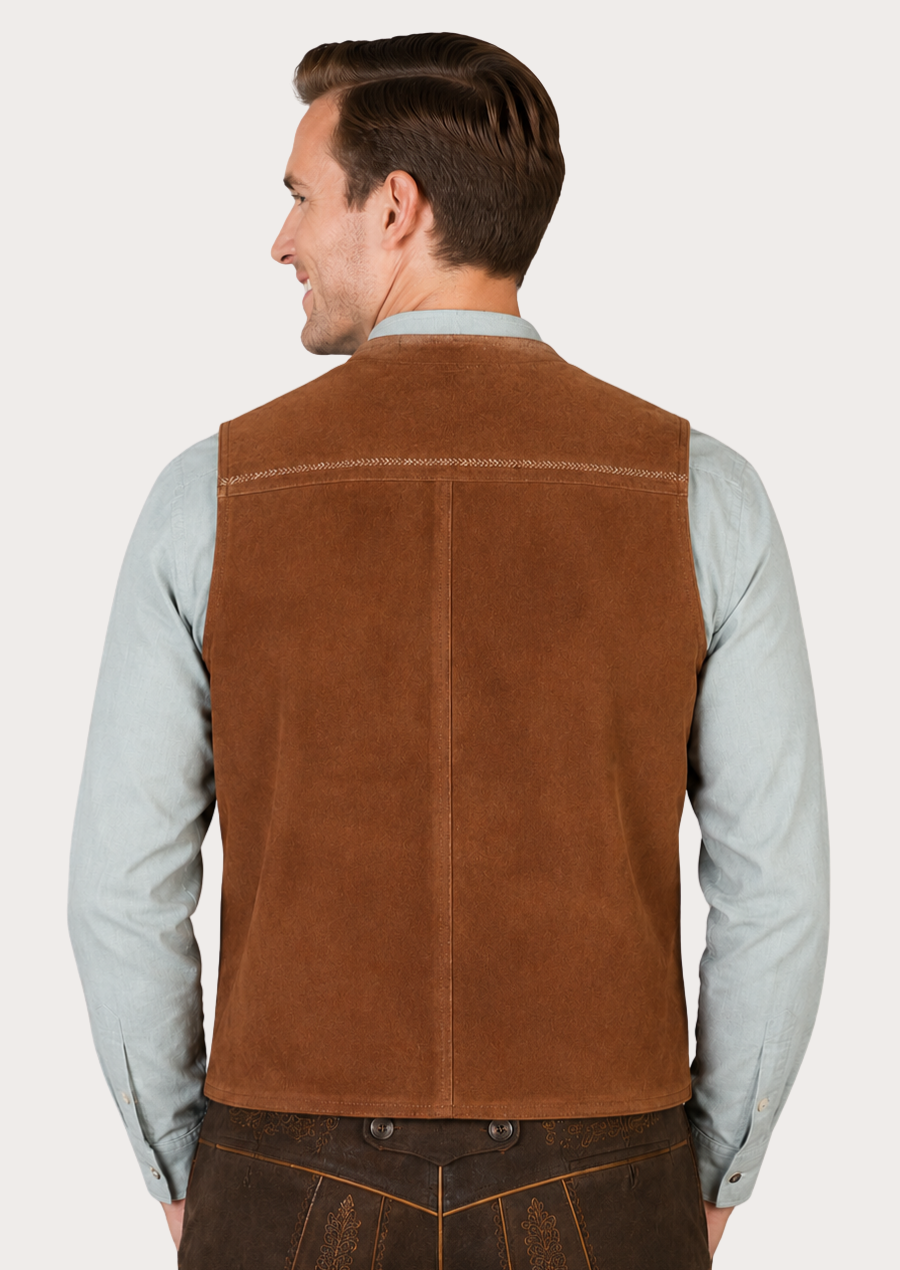 Authentic Bavarian suede vest with beer-themed embroidery for Oktoberfest celebrations
