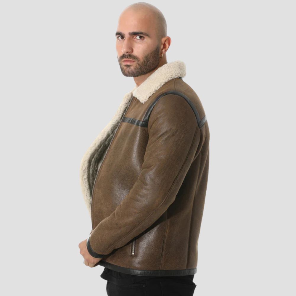 Fashionable brown leather jacket with curly wool trim for extra warmth.