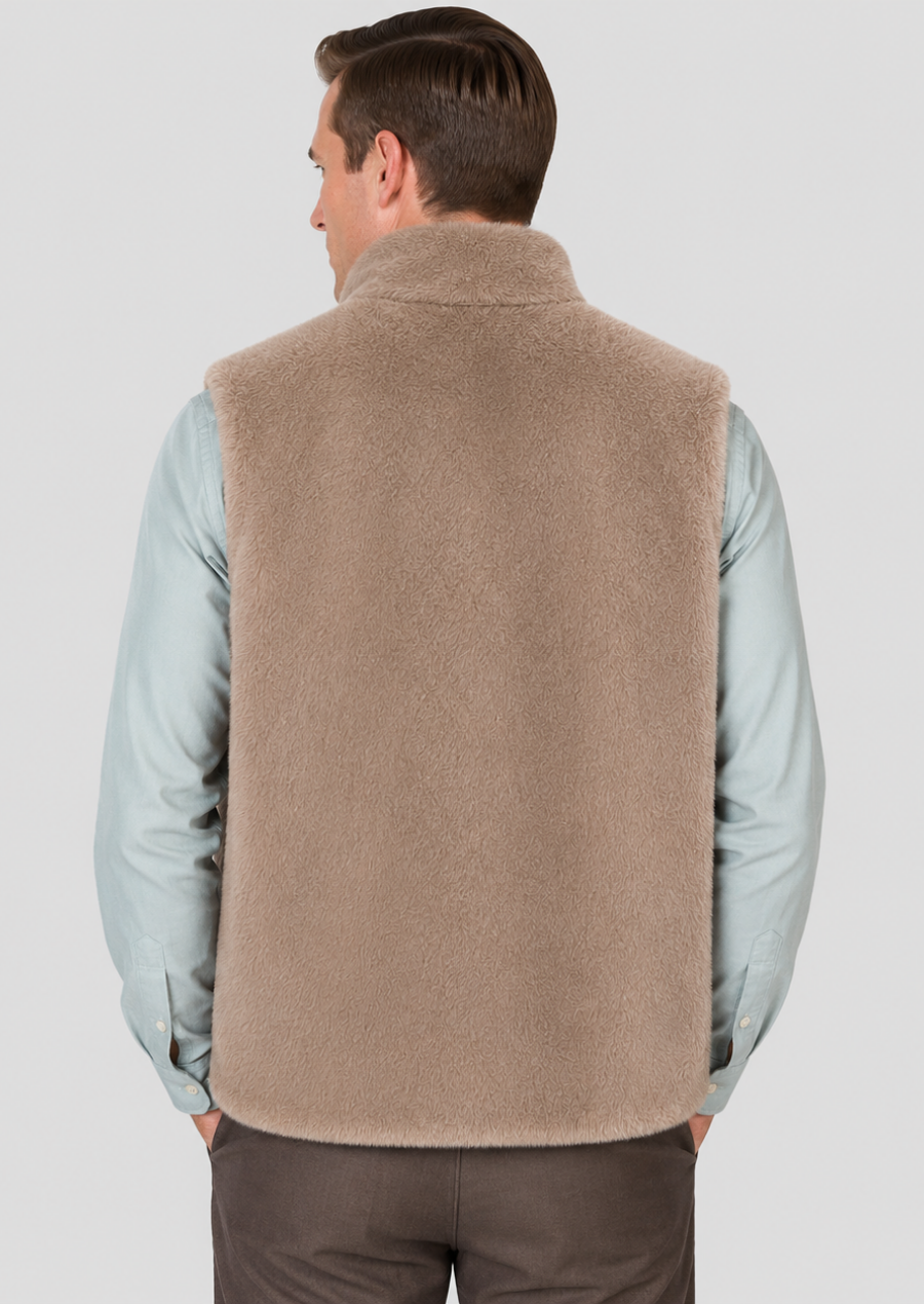 Beige faux fur sleeveless winter jacket for men with soft sherpa texture.