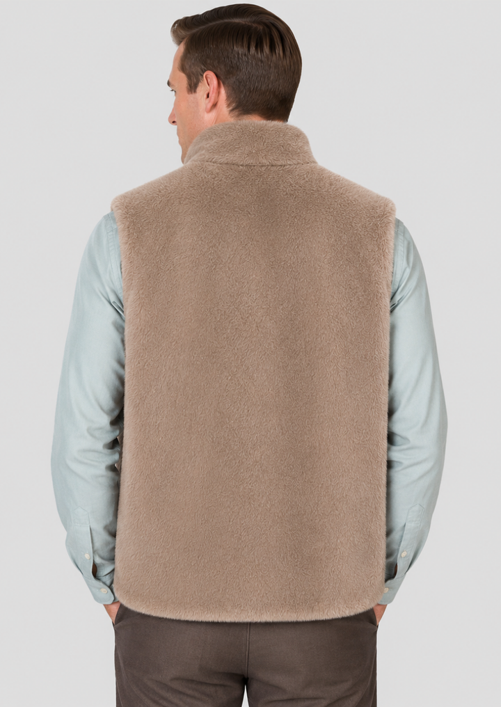 Beige faux fur sleeveless winter jacket for men with soft sherpa texture.