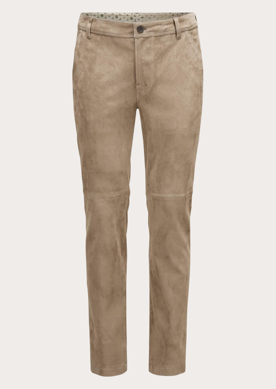 Beige lambskin suede pants for men crafted with a soft and luxurious finish