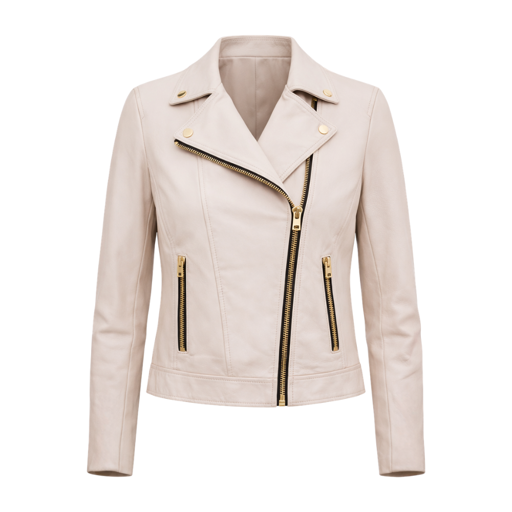 Beige leather biker jacket for women with modern moto style
