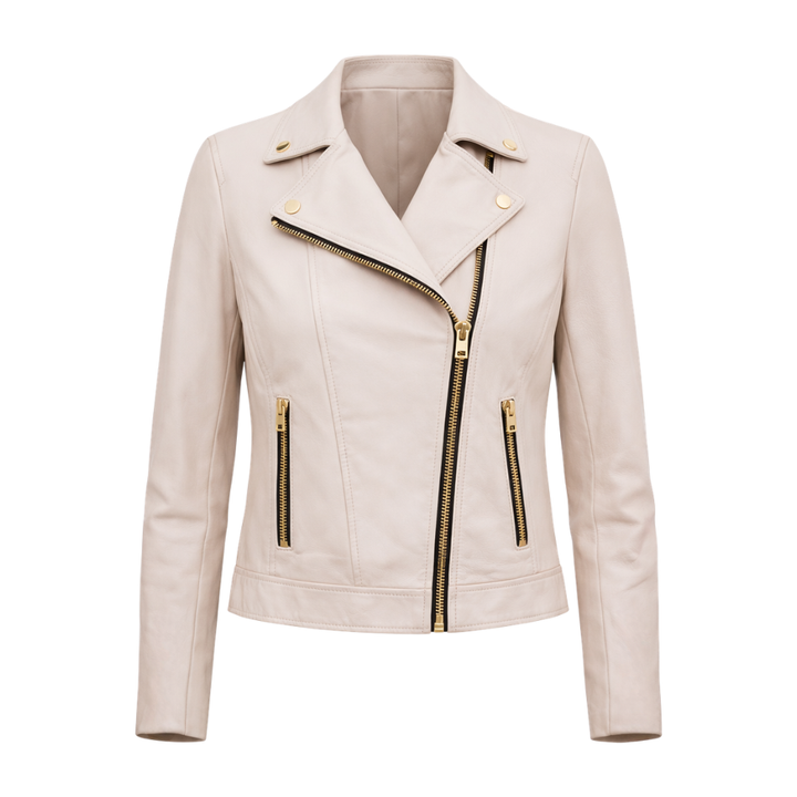 Beige leather biker jacket for women with modern moto style