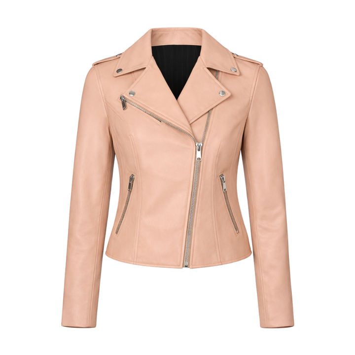 Beige leather biker jacket with classic moto style