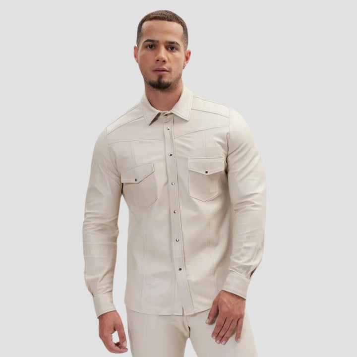 Elevate your everyday look with this premium beige leather shirt, offering a sleek and timeless style perfect for any casual occasion.