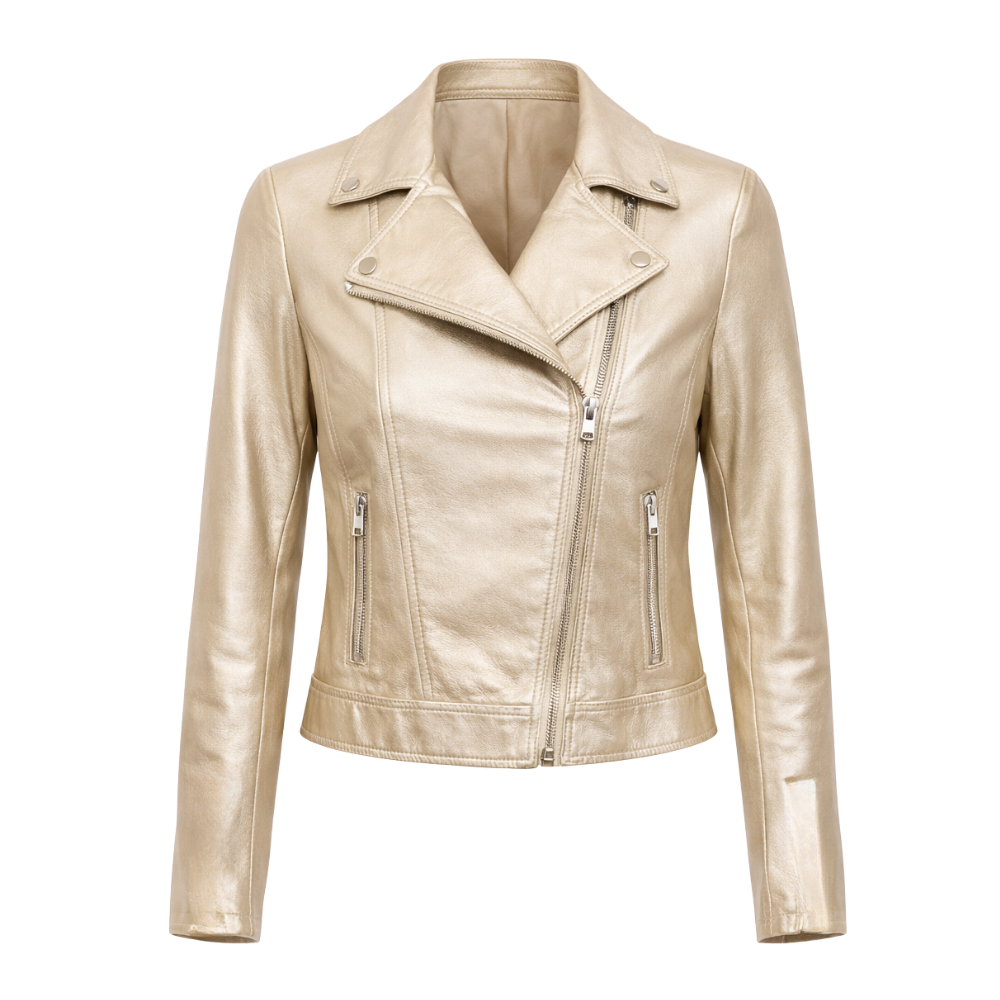 Beige leather jacket with metallic finish for women fashion