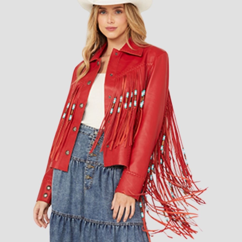 Shop the best sheep leather jackets for women with Western fringe style. This jacket combines the softness of sheep leather with bold fringe detailing for a standout Western look.