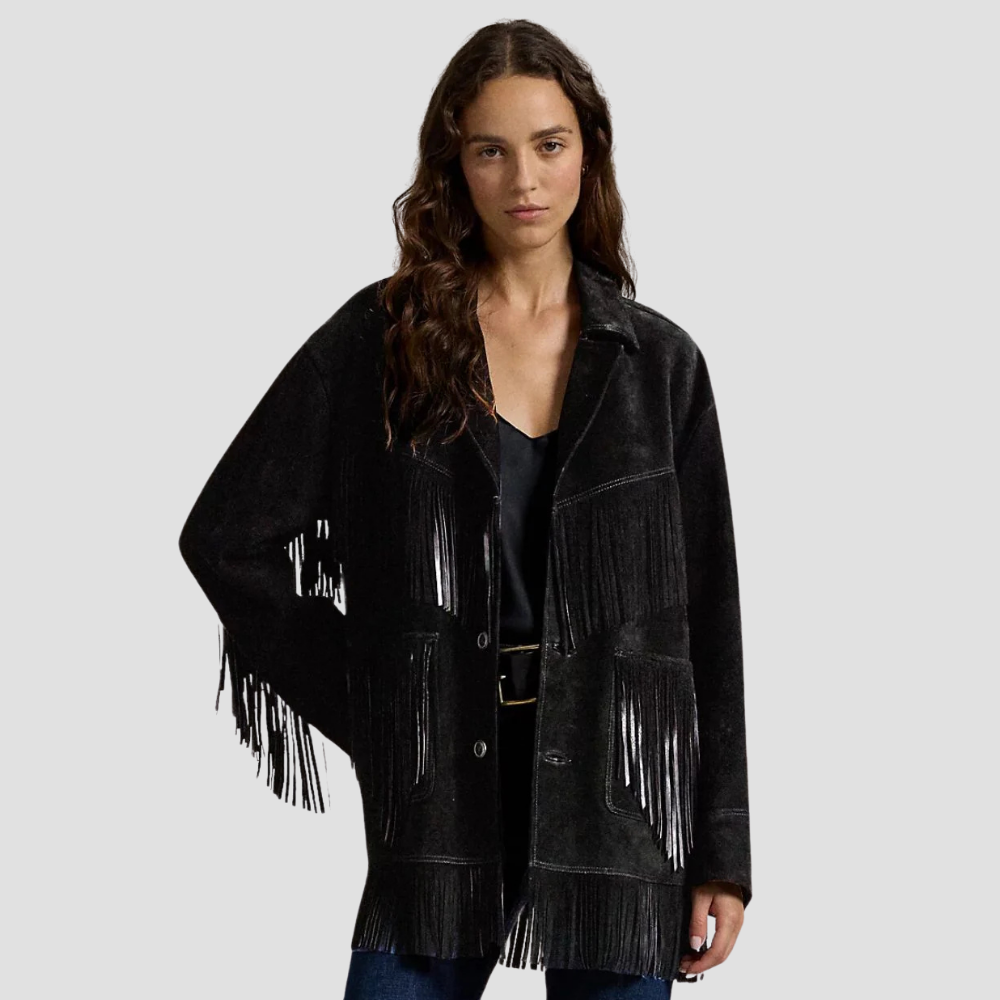 Elevate your fall wardrobe with the best women’s Western leather jacket with fringes. The soft leather and fringe accents add a bold Western touch, perfect for cooler weather.