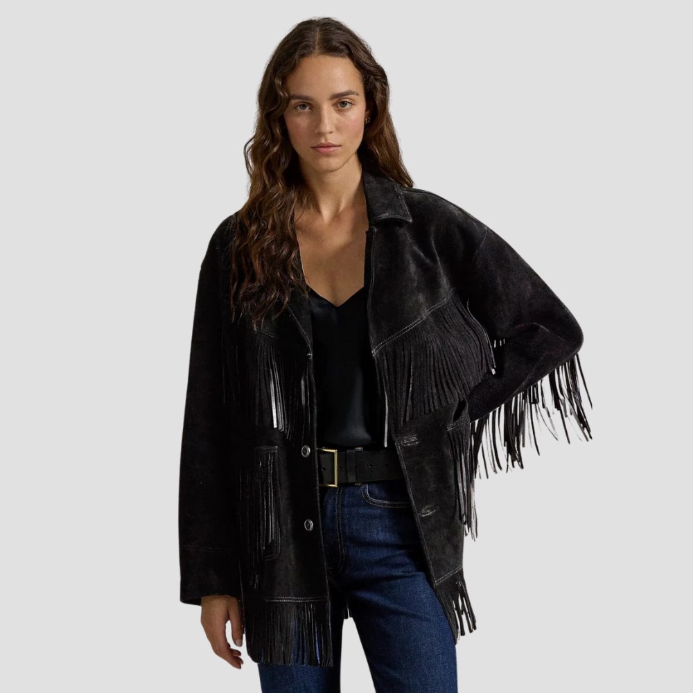 Shop the best women’s Western leather jacket with fringes for fall wear. The high-quality leather and stylish fringe detailing create the perfect blend of warmth and Western-inspired flair.