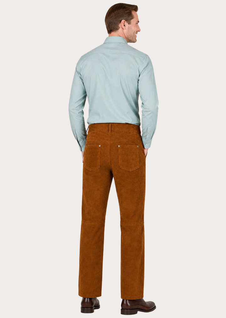 Classic biker-inspired suede leather trousers in rich tan brown color