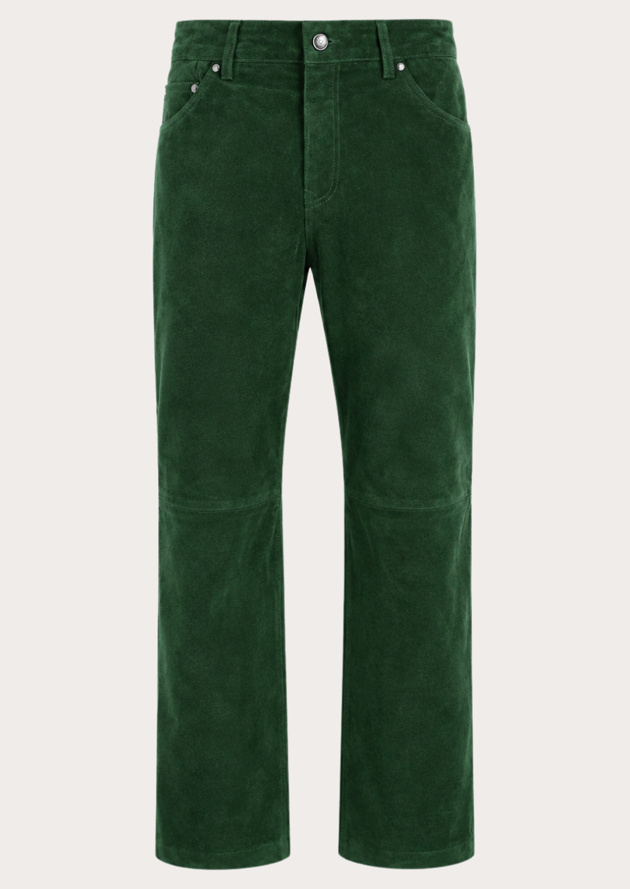 Biker Style Green Suede Leather Pants crafted from premium lambskin suede leather