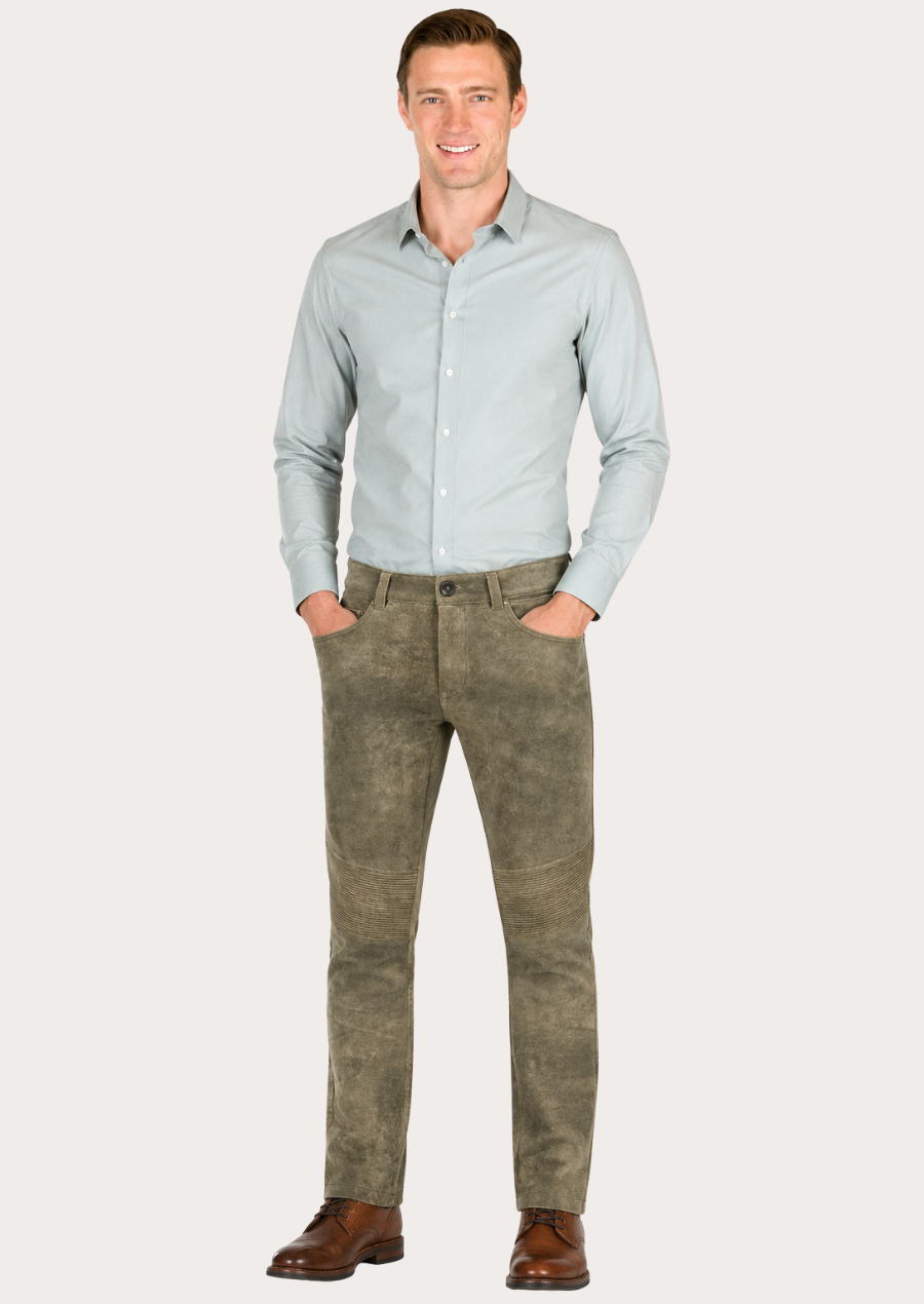 Biker-style suede leather pants for men combining comfort, durability, and classic appeal