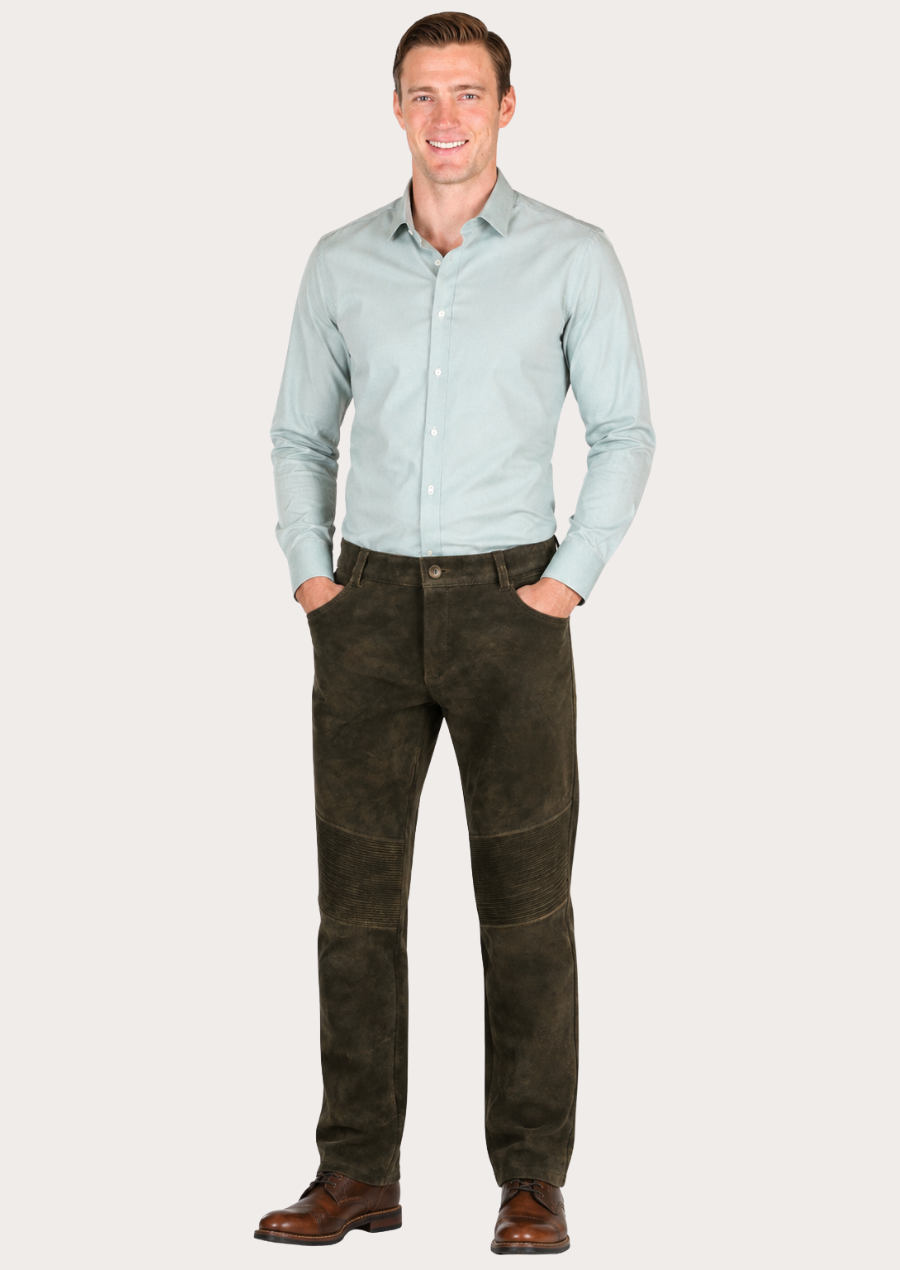 Biker-style suede leather trousers featuring a sleek fit and timeless design