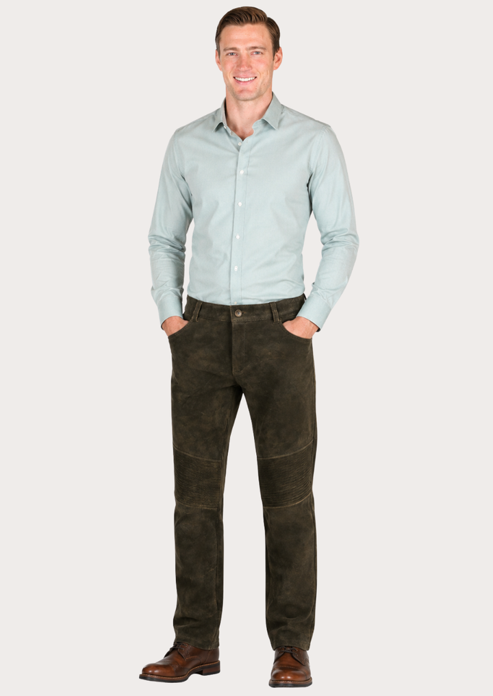 Biker-style suede leather trousers featuring a sleek fit and timeless design