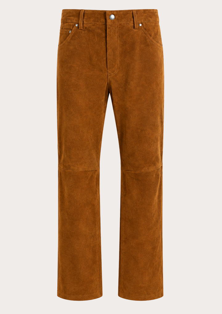 Biker Style Tan Suede Leather Pants with straight-leg fit and premium suede finish