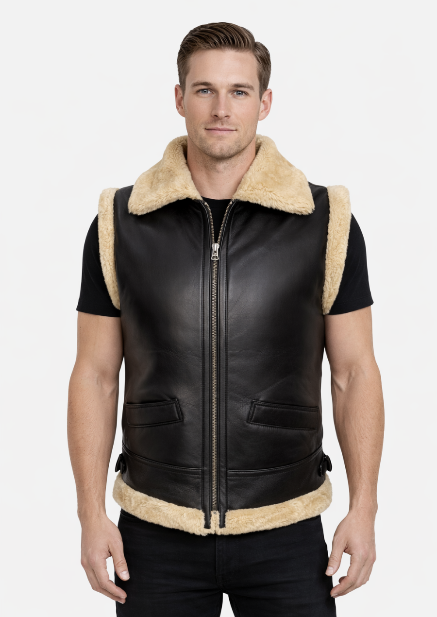 Stylish black sheepskin leather vest with soft faux fur lining