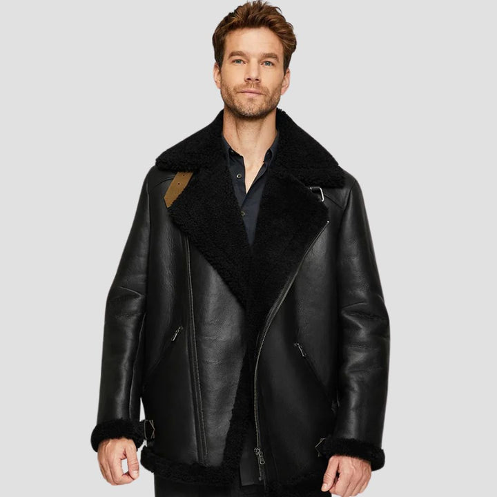 B3 bomber black leather jacket with shearling lining for men.