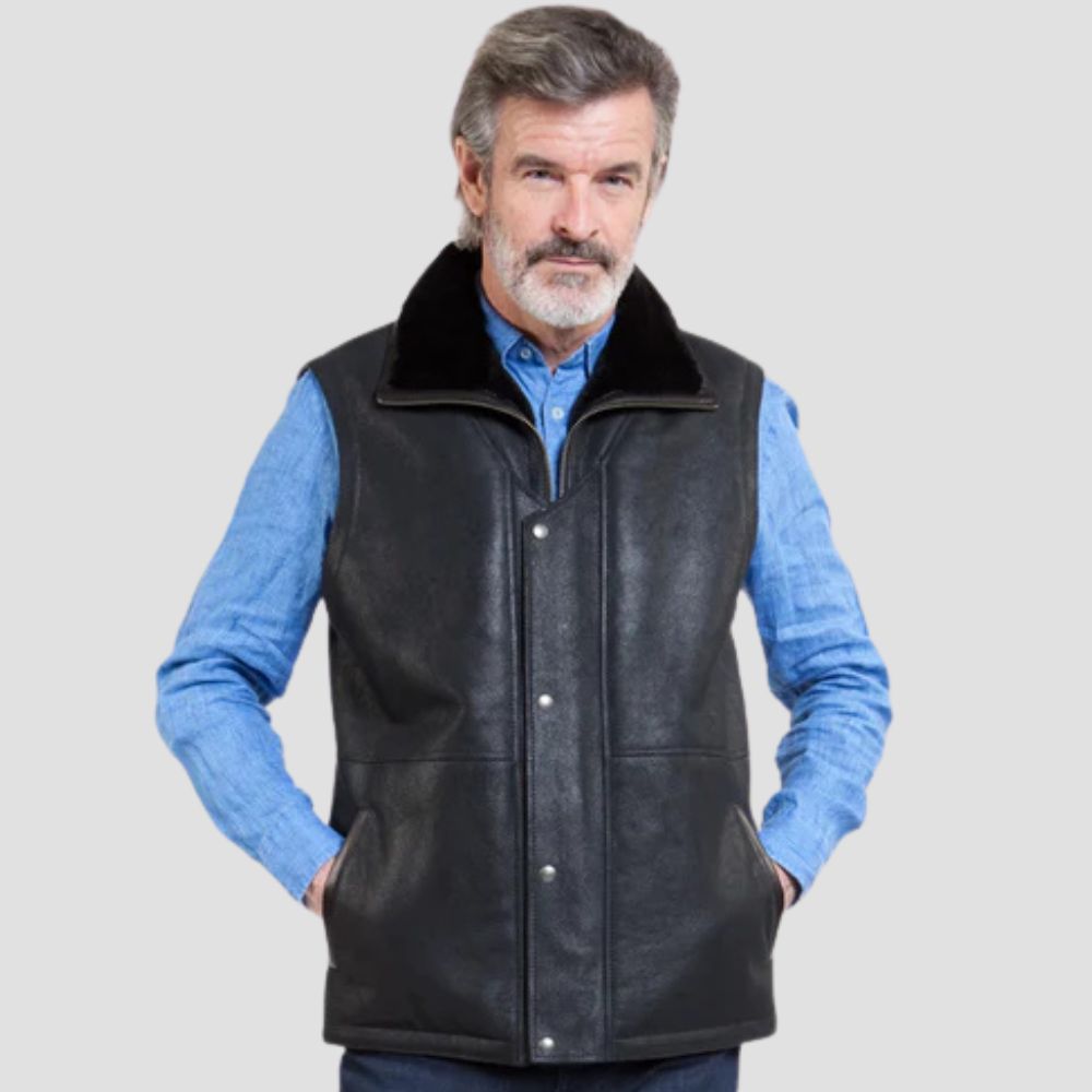 Sleeveless black sheepskin leather vest with faux shearling fur lining