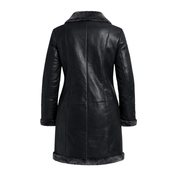 Ladies black leather fur trimmed trench coat with warm lining and belted waist