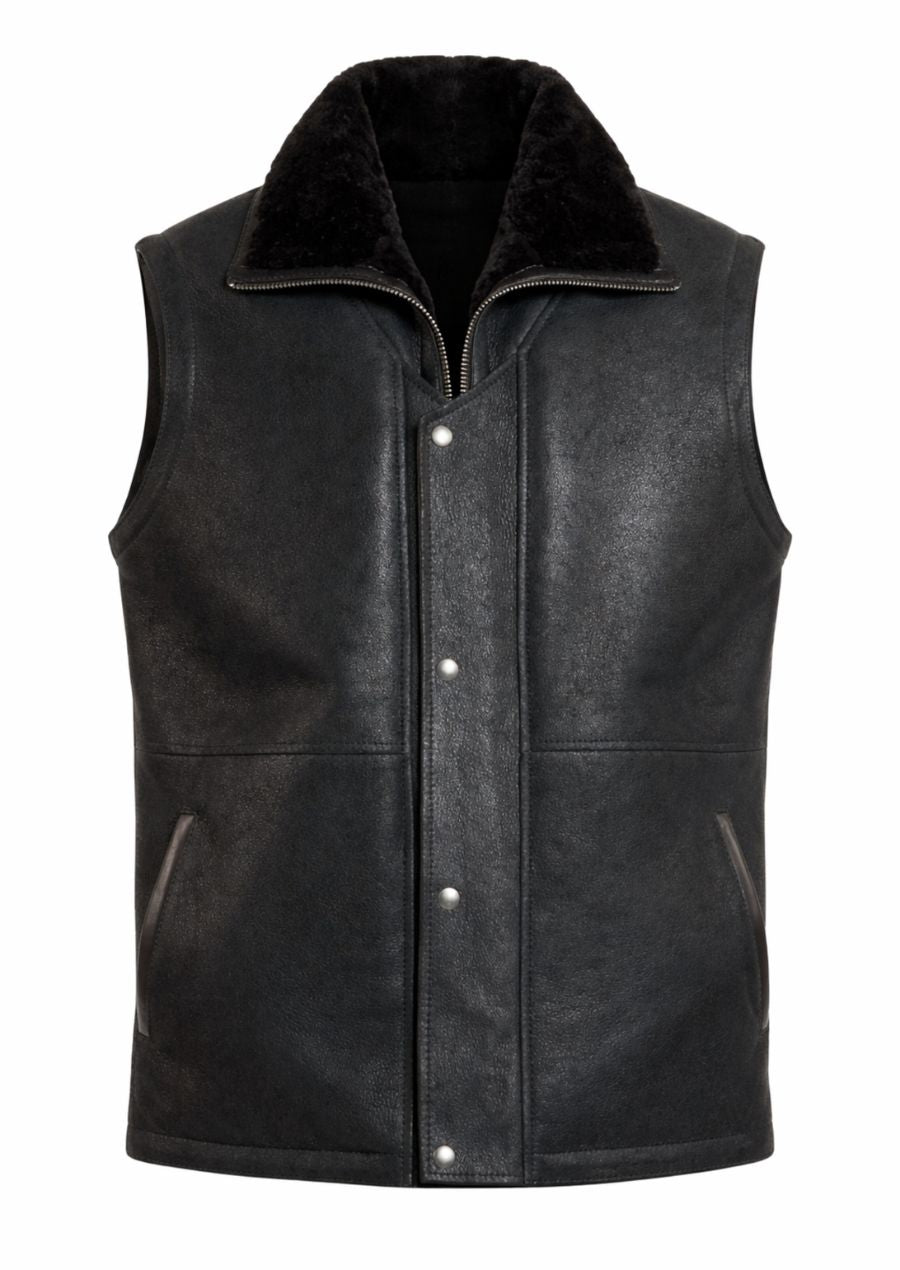 Black fur vest with sheepskin leather for warm winter style