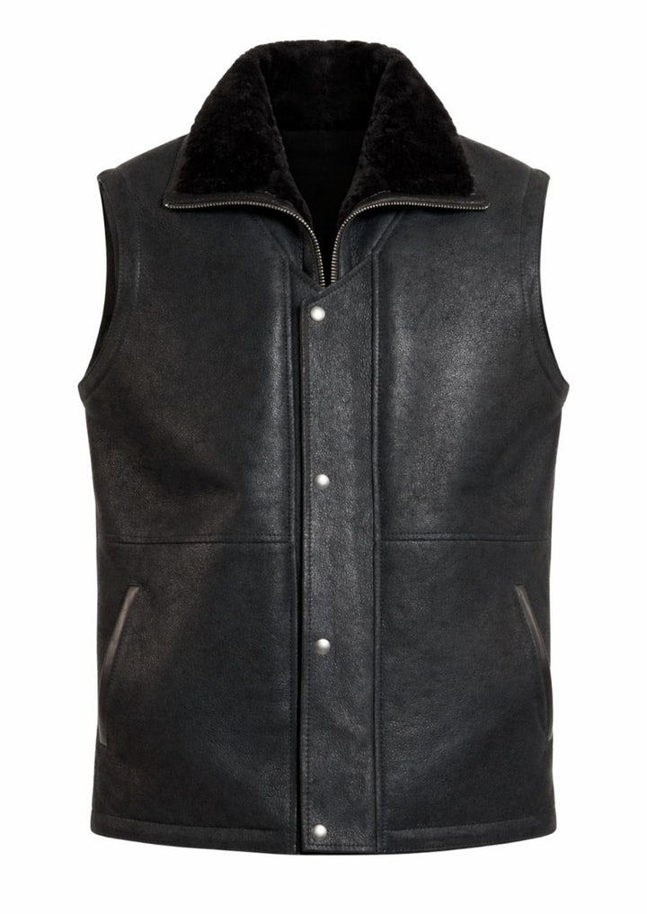 Black fur vest with sheepskin leather for warm winter style