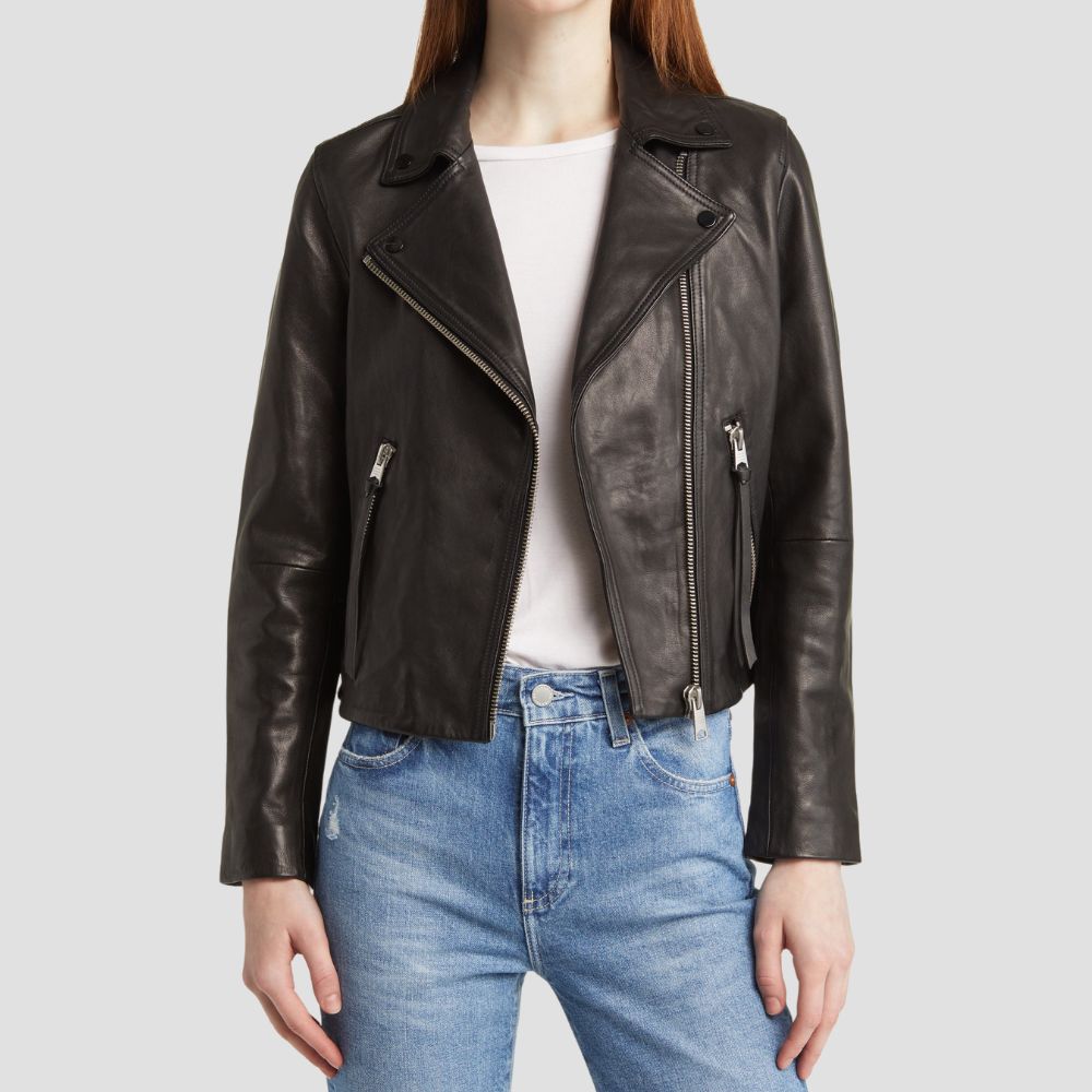 Add a touch of rebellion to your wardrobe with this stylish moto leather jacket. Edgy details and premium leather make it the perfect statement piece for women.