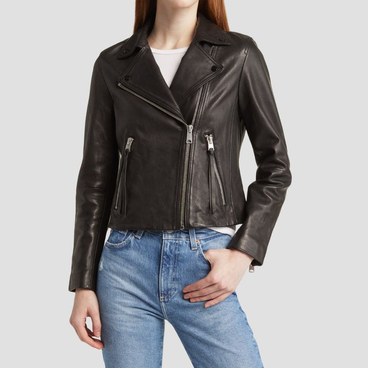 Shop this stylish moto leather jacket for women, featuring edgy details. A bold design that combines sleek lines and premium leather for a standout look.