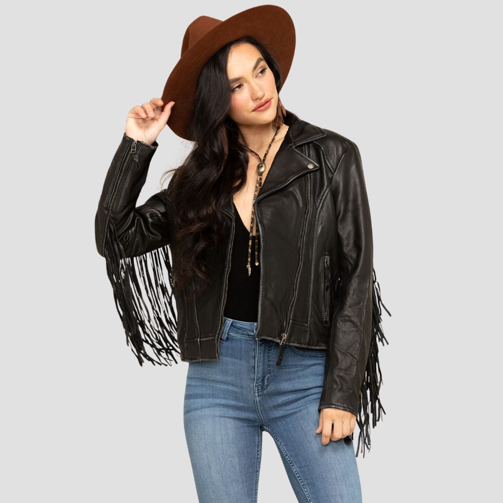 Shop a boho Western leather jacket for women with fringe style. The soft leather and playful fringe details make it the perfect piece for embracing bohemian and Western-inspired fashion.