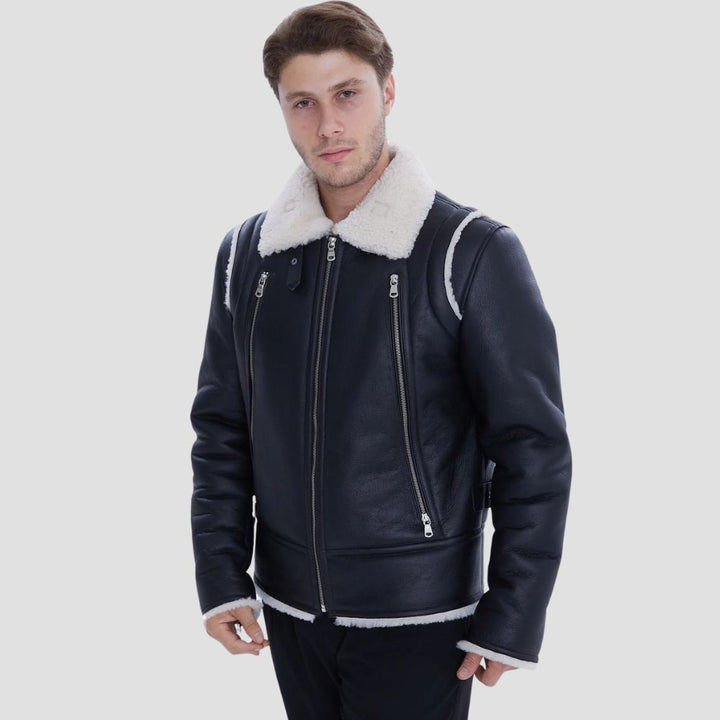 Stylish black leather jacket with white curly fur trim for men.