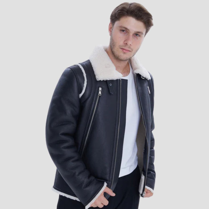 Men’s black leather jacket with soft white curly fur trim.