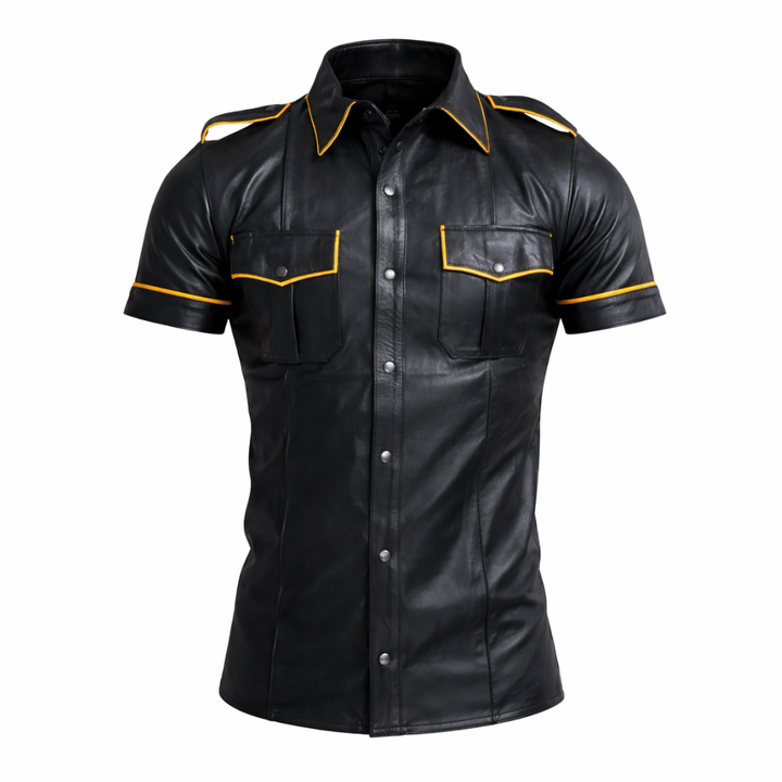 Black leather police shirt for men classic uniform style fashion
