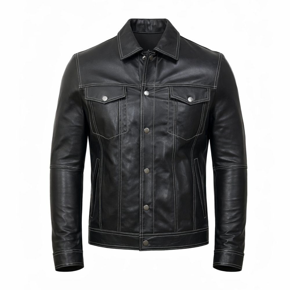 Black leather trucker shirt stylish men’s casual fashion wear
