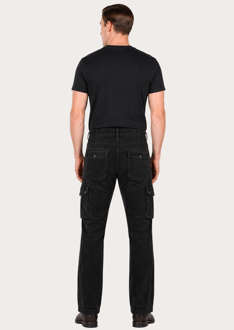 Black suede sheepskin utility trousers for men with modern functional styling