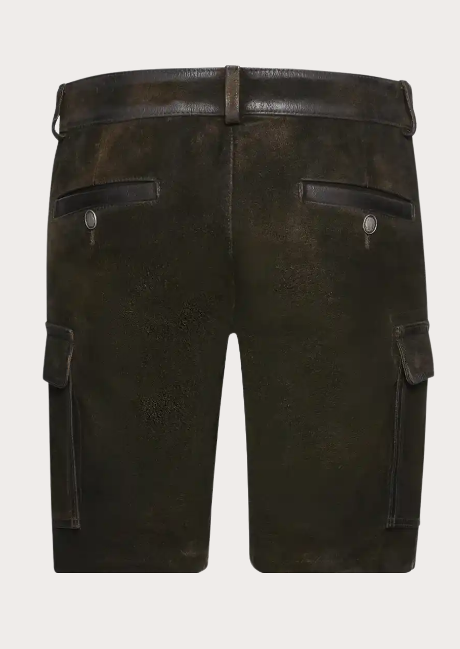 Men's black Lederhosen shorts featuring practical cargo pockets and Bavarian heritage design