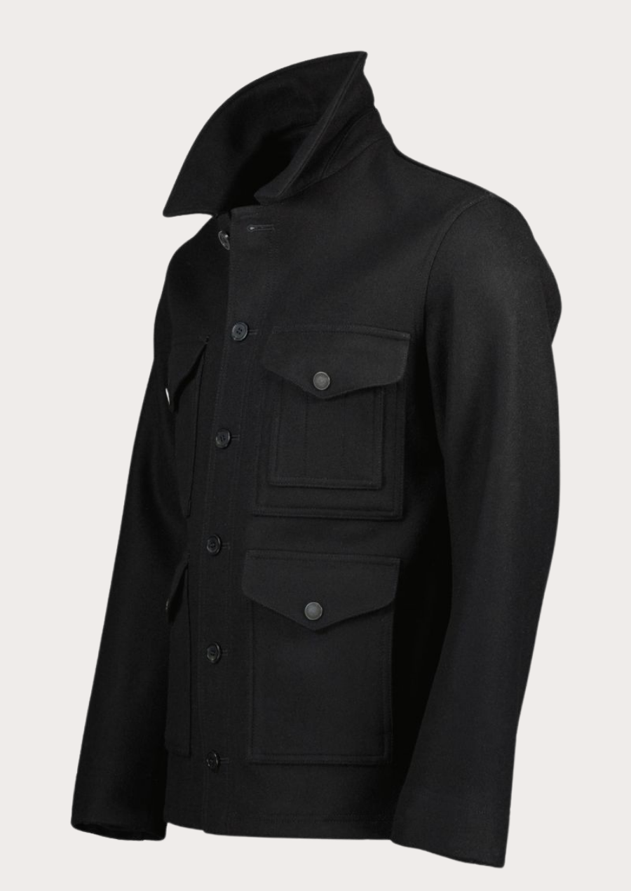 Traditional black Loden field jacket for men designed for outdoor and cultural wear