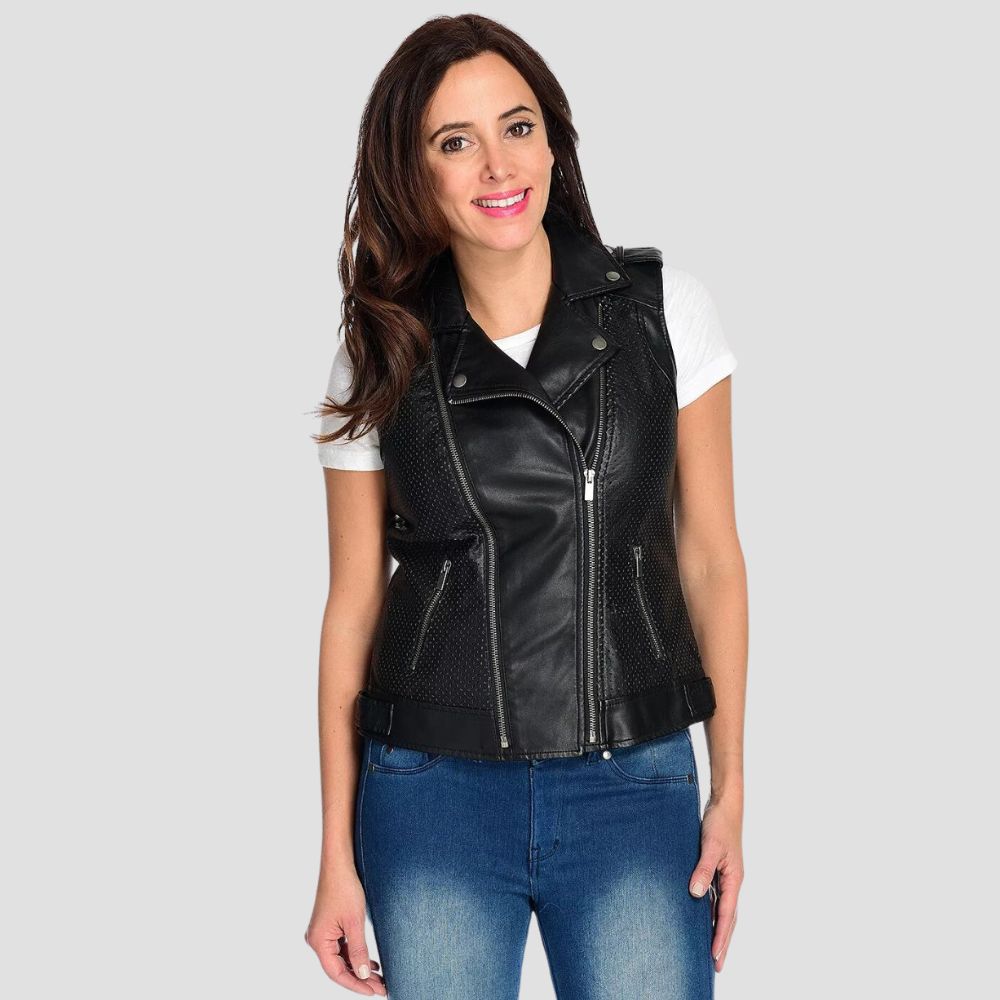 Elevate your biker style with this premium motorcycle leather vest for women, delivering an edgy yet chic look, perfect for a confident, fashionable ride.