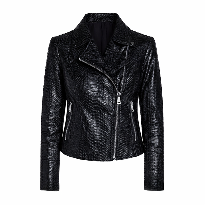  Black python snakeskin embossed leather jacket for women