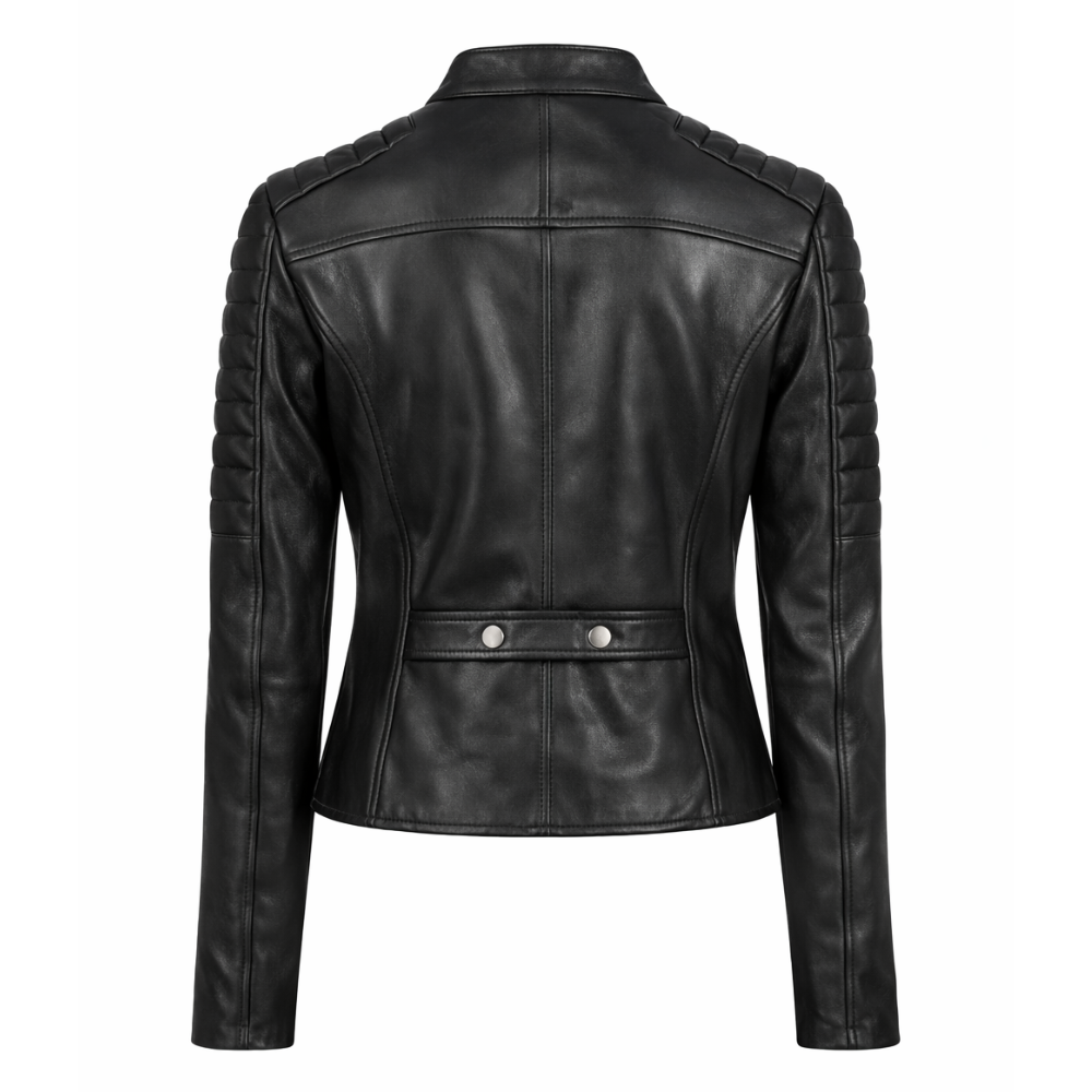 Black quilted leather jacket for women with stylish design