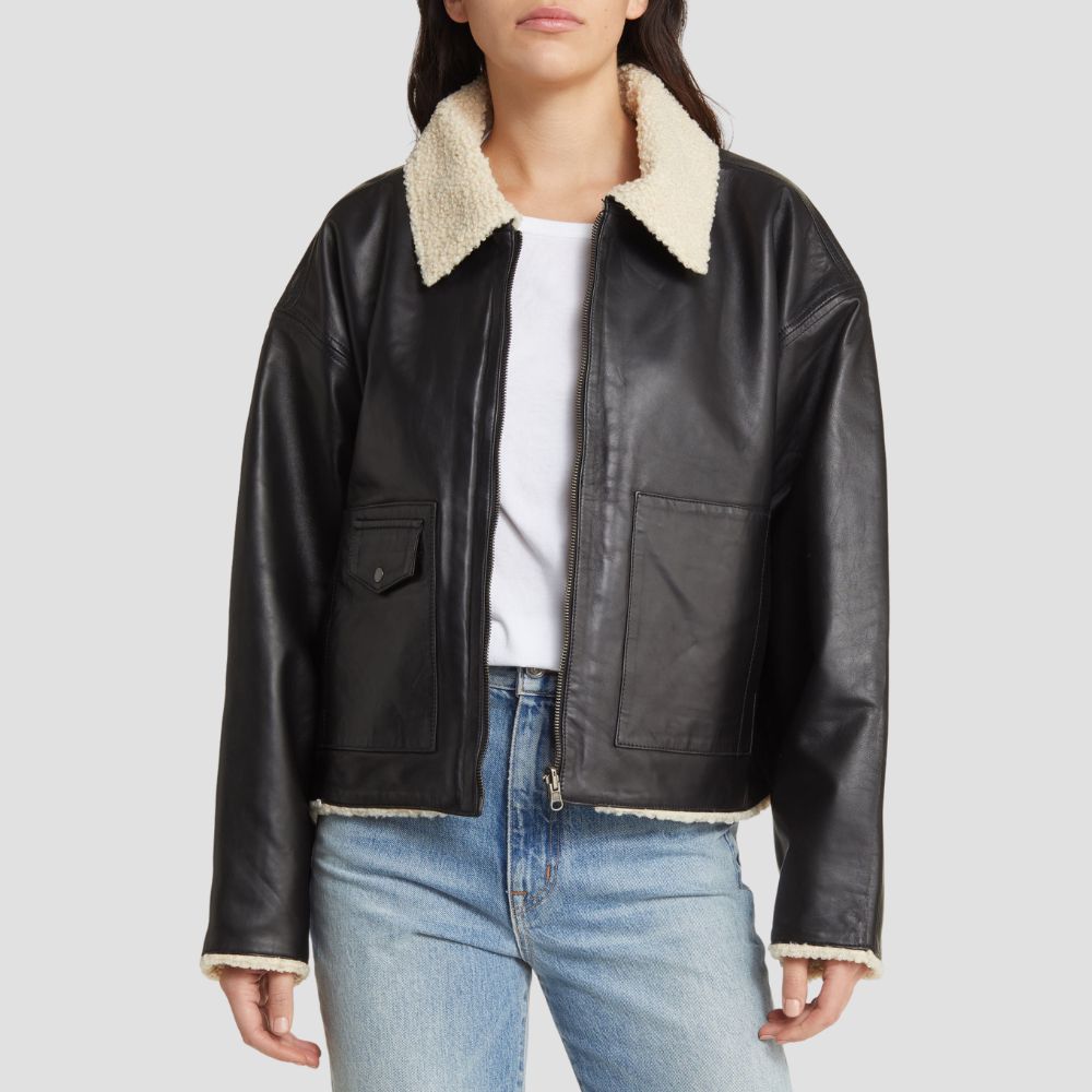 Shop soft shearling leather jackets for ladies, offering ultimate winter warmth. The cozy shearling lining and soft leather make this jacket the perfect choice for cold days.