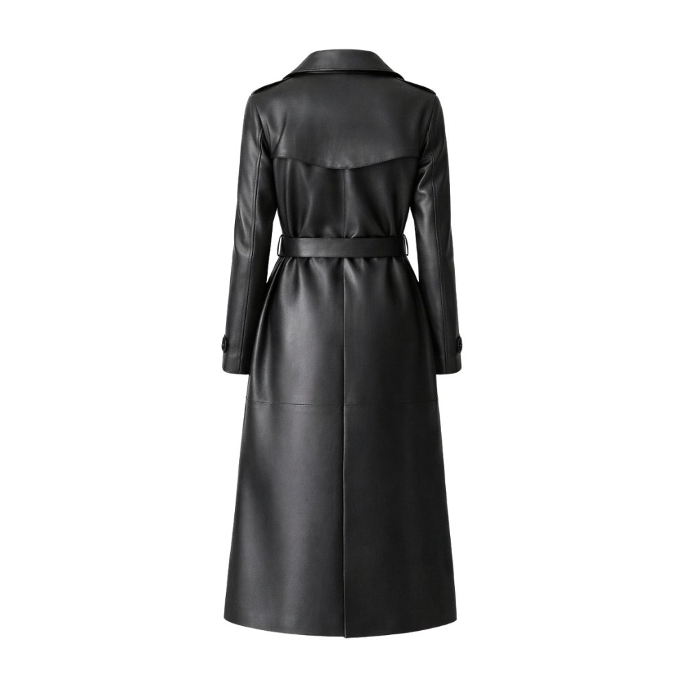 Women's black sheepskin leather trench coat with belted waist