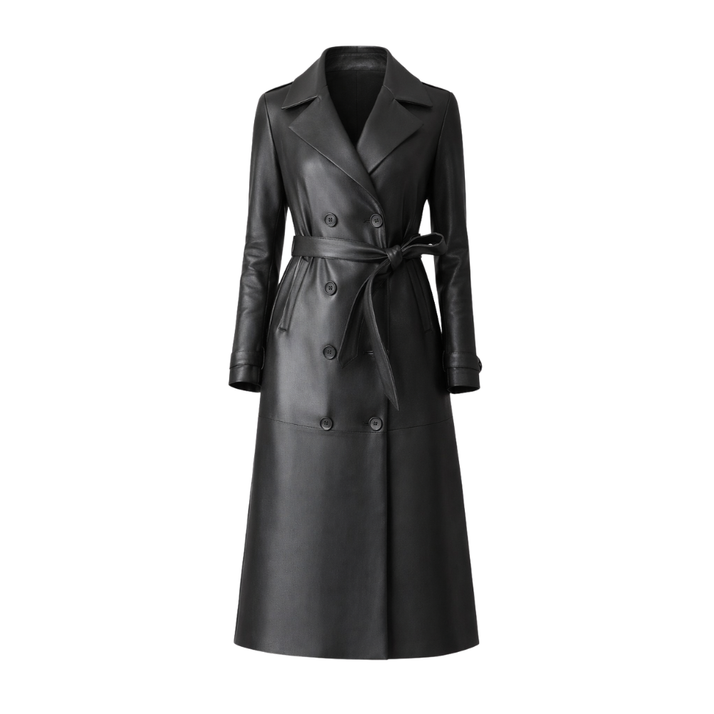 Black sheepskin leather trench coat with classic styling
