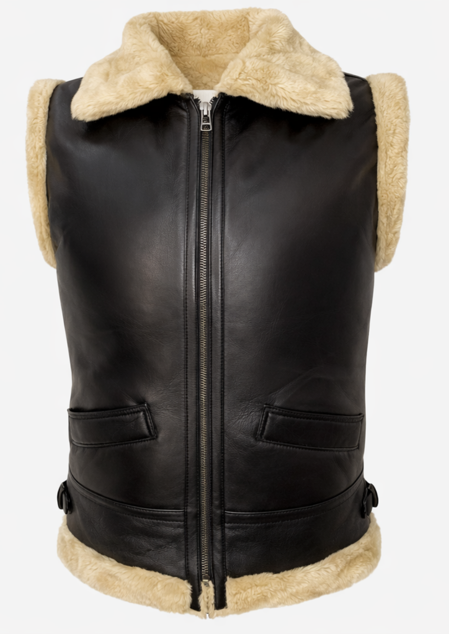 Black sheepskin leather vest with faux fur for winter fashion