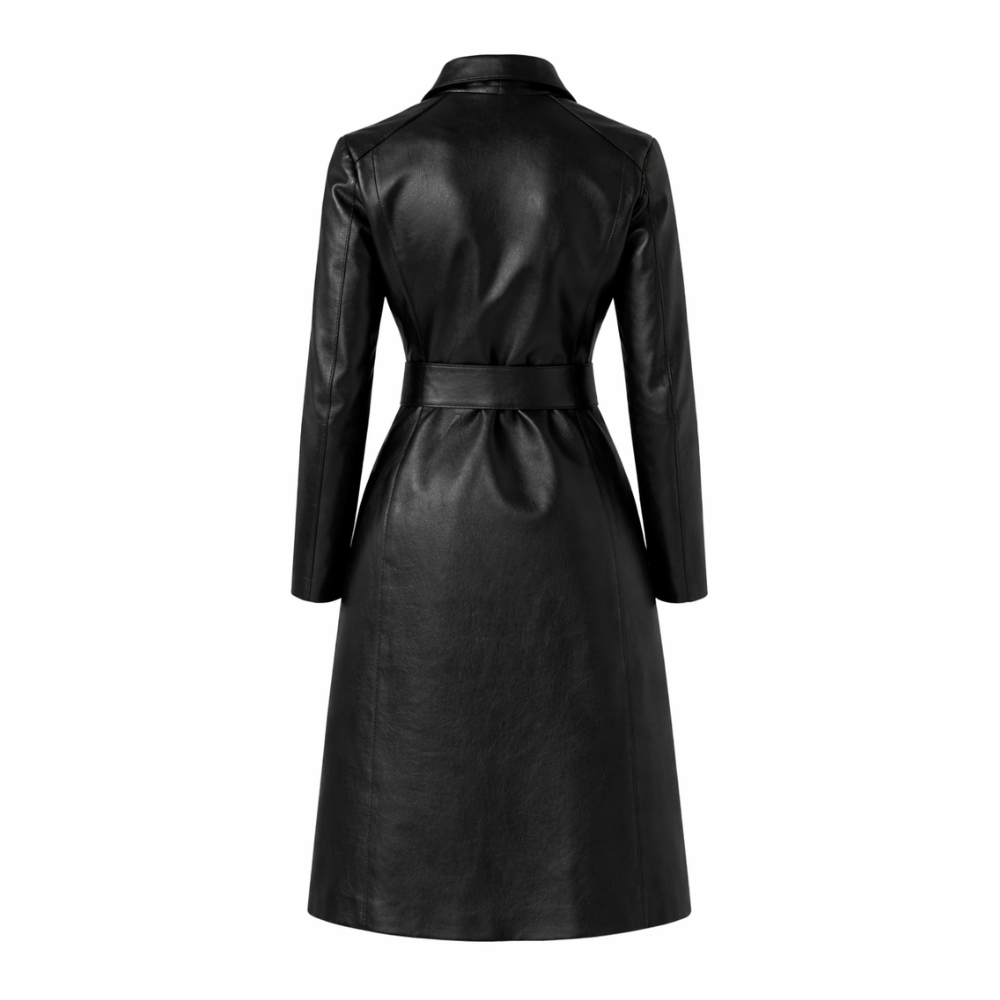 Black genuine sheepskin leather trench coat with button closure and tailored fit