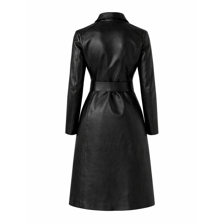 Black genuine sheepskin leather trench coat with button closure and tailored fit