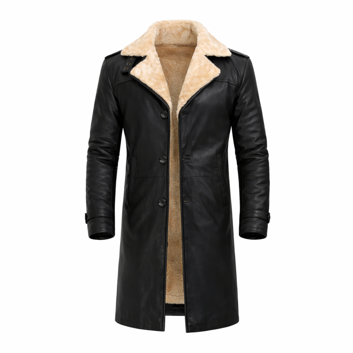 Black sheepskin shearling leather coat for men winter wear